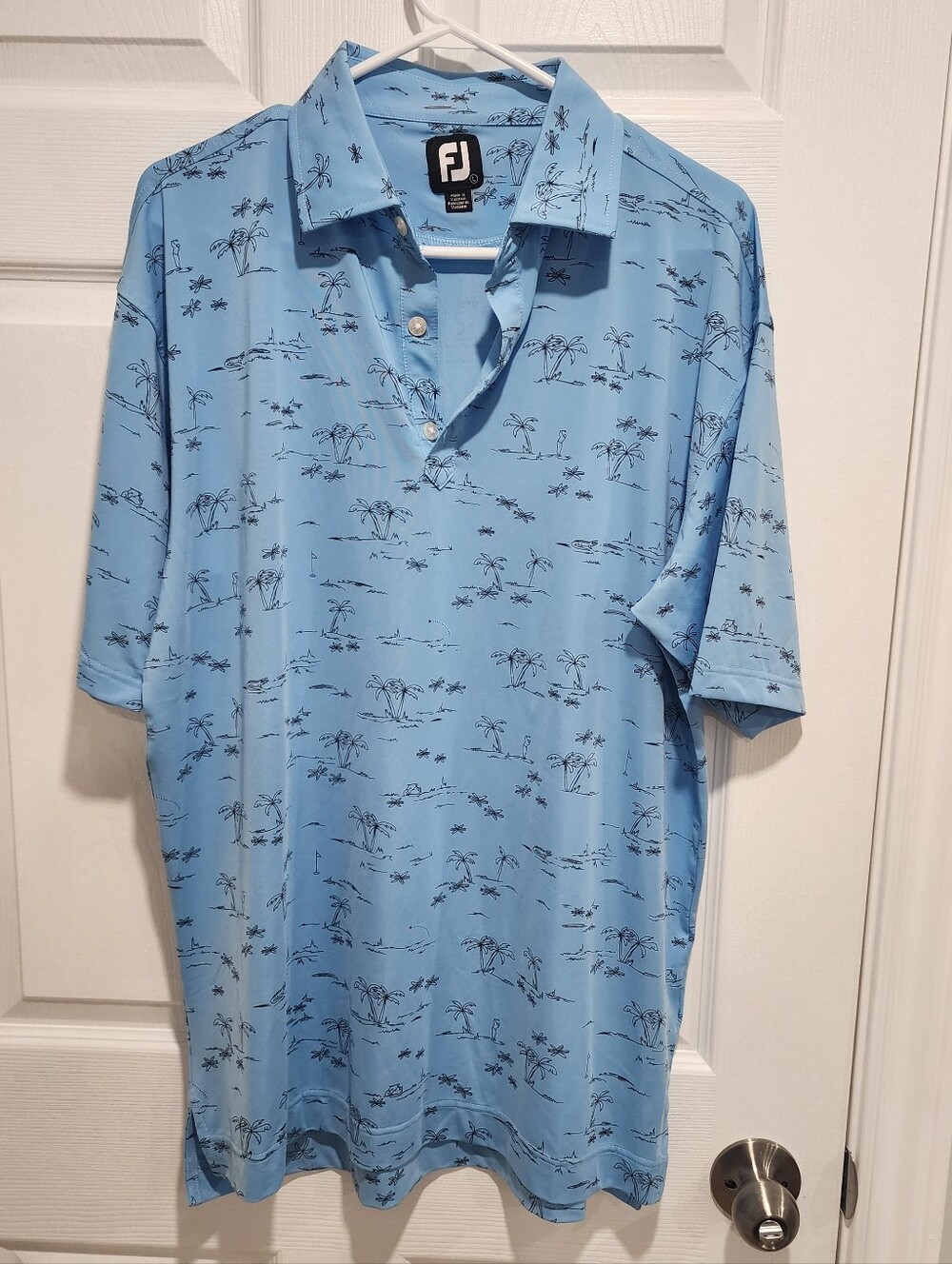 FootJoy FJ Polo Shirt Large Blue Palm Trees Golf Performance Stretch Collared